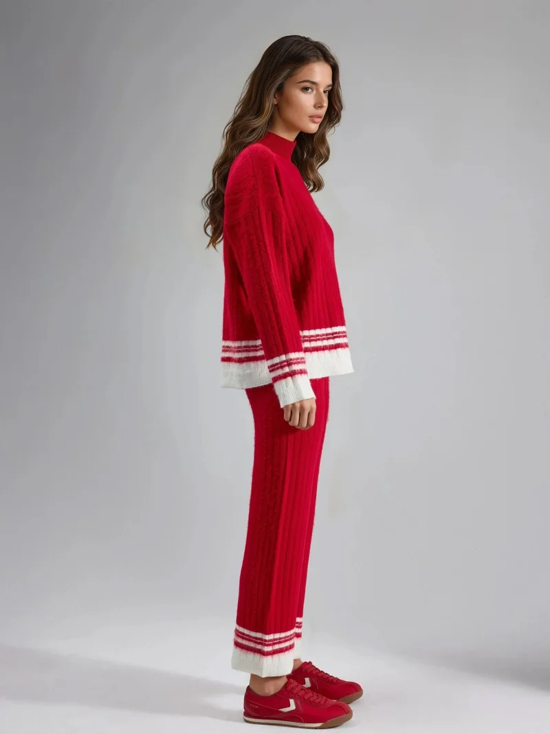 My Fashion Red MY FASHION Striped Ribbed Knit Co-Ord Set with Half Turtleneck for Women | Best Price UAE